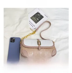 Detailed view of color-block striped crossbody bag with gold buckle and chain strap