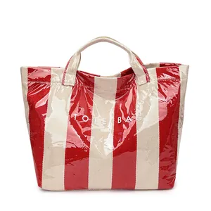 Waterproof red and white striped tote bag with large capacity and glossy finish