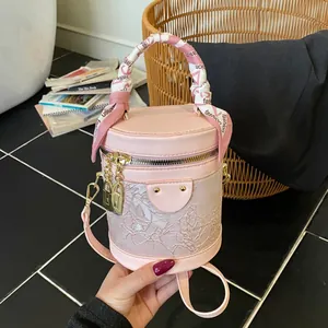 New Chinese Style Floral Bucket Bag For Women PU Leather Lace Embroidery Handbag With Scarf Handle Shoulder Crossbody Bag