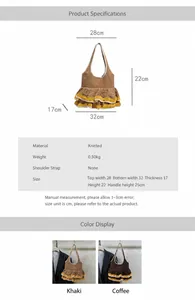 Detailed size chart for knitted tote bag including width height and material specifications