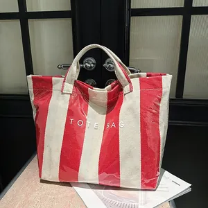 Women Striped Large Capacity Tote Bag Waterproof PVC Coated Canvas Handbag Urban Minimalist Shopping Beach Bag Letter Print