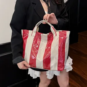 Waterproof red and white striped tote bag with high-gloss finish and large capacity