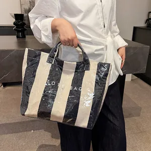 Waterproof black and white striped large tote bag with TOTE BAG print for women