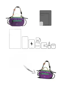 Dettaglio borsa a tracolla viola con cerniera verde neon e manico in tessuto intrecciato