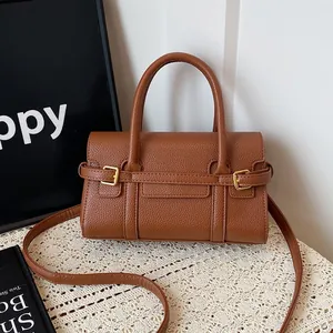 Sac à Main Vintage en Cuir PU Motif Litchi Pour Femmes Boucle Carrée Dorée Sac Bandoulière Élégant Trajet Travail Couleur Unie Urbain Simple Sac à Poignée