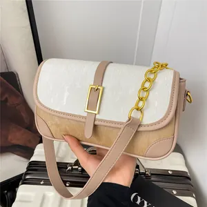 Fashion Women Contrast Color Shoulder Bag PU Leather Ribbed Texture Small Square Crossbody Bag With Metal Chain Strap