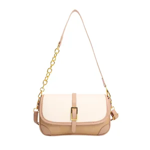 Fashion contrast color chain bag with beige stripes and adjustable shoulder strap