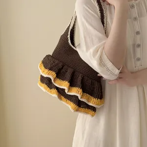 Brown crochet tote bag with yellow ruffled edges and large capacity for women