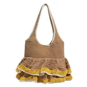 Handmade crochet tote bag with brown knit body and yellow ruffles for women