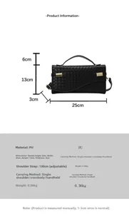 Detailed size specifications for a black woven texture PU shoulder and crossbody handbag