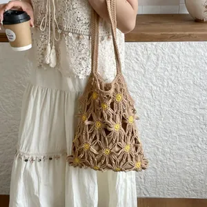 Gehäkelte Strandtasche mit Blumenmuster in Khaki, große Kapazität für den Sommerurlaub