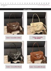 Detail view of four crocodile pattern crossbody bags in coffee, white, black and brown colors