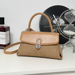 Sac à Main Femme en Cuir PU et Tissu Épissage Minimaliste Urbain Serrure Argentée Sac à Bandoulière pour Navette Quotidienne Mode