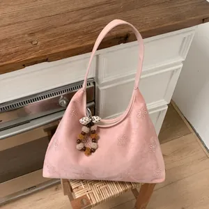 Korean Fashion Underarm Bag Women 2026 Spring Rhinestone Flower Handbag Frosted PU Leather Large Capacity Shoulder Bag With Charm