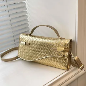 Women Woven Pattern PU Leather Handbag Stylish Shoulder Crossbody Bag With Gold Metal Buckle Small Square Flap Lady Tote