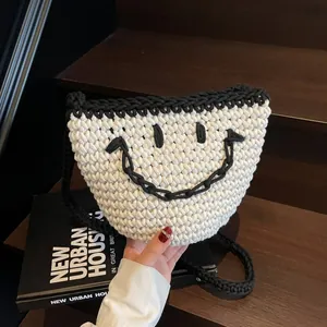 Women Casual Woven Smiley Face Bucket Bag Handcrafted Crochet Shoulder Crossbody Bag With Pouch Contrast Color Handbag