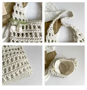 Detail view of woven tote bag texture with tulip pendant and drawstring inner pouch