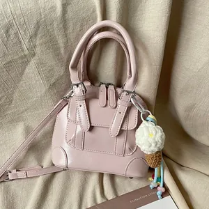Women Mini PU Leather Shell Bag Chic Solid Color Crossbody Bag With Crochet Ice Cream Charm Rivet Handbag Casual Bag