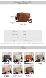 Detail view showing saddle bag dimensions and seven colors available for PU shoulder bags