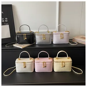 Detailed collection of six colorful crossbody bags with chain straps and heart zippers