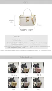 Detail showing dimensions and diverse colors of the mini PU leather chain square bag