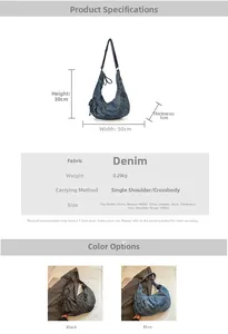 Detailed technical specifications and size chart for the denim crescent crossbody bag