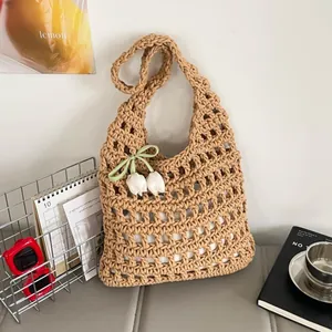 Handmade Hollow Out Crochet Woven Tote Bag With Tulip Flower Charm French Pastoral Summer Beach Shoulder Bag Women Knit Handbag