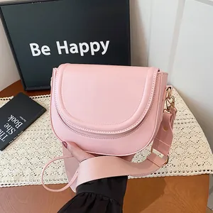 Women's PU Leather Saddle Bag Minimalist Crossbody Bag With Wide Fabric Shoulder Strap Gold Hardware Fashion Shoulder Bag