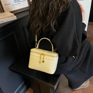 Chic cream vanity case bag with gold heart zipper and chain strap for women
