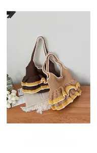 Detailed knit texture of tote bag with ruffled layers in coffee and khaki brown