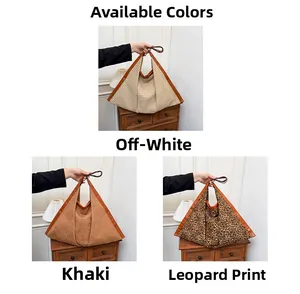 Detailed view of large triangle tote bags in cream, khaki and leopard print patterns