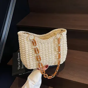 Borsa da Sottobraccio Donna Intrecciata in Paglia Retrò Francese Vacanze Spiaggia Viaggio Con Manico a Catena in Acrilico Ambra