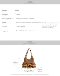 Detailed size specifications for the khaki ruffled knit tote bag with color blocking
