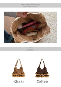 Internal structure of knit tote with ruffles showing pockets and khaki/coffee colors