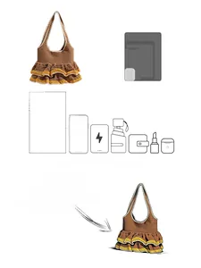 Brown knit tote bag with ruffles showing capacity for phone, umbrella and makeup