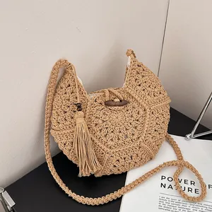 Sac à Bandoulière Tissé Bohème Fait Main Pour Femmes Vintage En Corde De Coton Avec Gland Et Boucle En Corne De Bois Plage