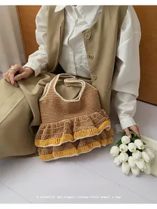 Detail view of the vintage pleated ruffle layers on the handwoven knit tote bag