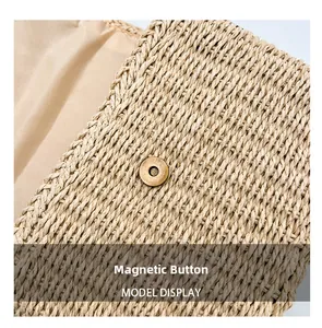Detail of woven straw bag showing texture and bronze magnetic snap button closure