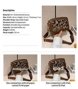 Dettagli della borsa a tracolla leopardata con misure 18x12x7cm e trama in tela ricamata