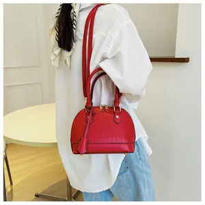 Detailed view of red crocodile pattern shell bag with double zippers and gold hardware