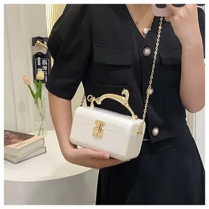 Detailed view of white acrylic box bag with golden animal handle and metal chain strap