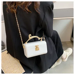 Detail of white acrylic box bag with golden leopard handle and metal chain strap