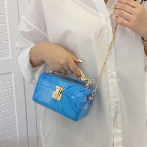 Blue marble acrylic handbag with golden leopard handle and metal chain strap for women