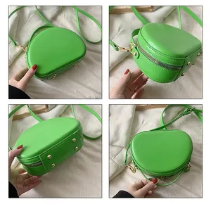 Vues détaillées d'un sac à bandoulière en PU vert avec fermetures éclair dorées