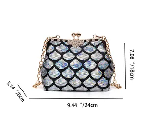 Dimensions détaillées du sac à paillettes avec chaîne dorée et fermoir à clapet