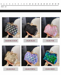 Detailed grid view of shimmering sequin shell bags in six vibrant metallic colors