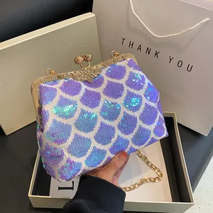 Pochette de Soirée Coquille en Paillettes de Sirène Avec Bandoulière Chaîne Sac à Main Rétro Scintillant pour Mariage Fête Femme