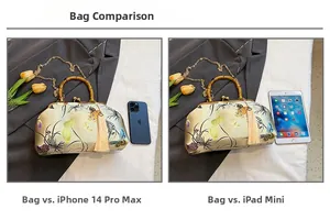 Comparaison de taille du sac brodé avec iPhone 14 Pro Max et iPad Mini