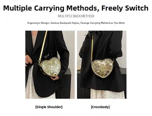 Detail showing gold heart sequin bag worn as a shoulder and crossbody fashion bag