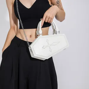 Gothic white coffin bag with cross detail and silver chain strap for women